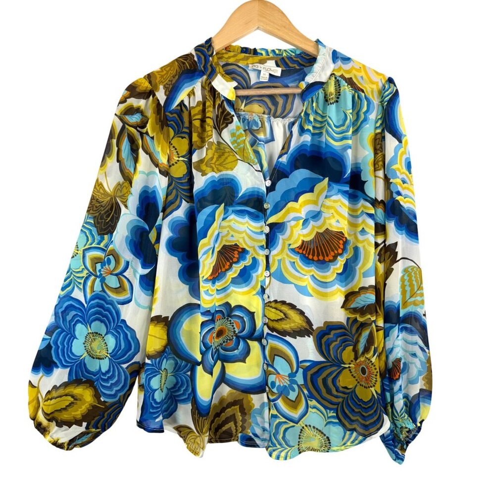 Fig & Flower sheer‎ balloon sleeve floral boho relaxed blouse 90s sz M